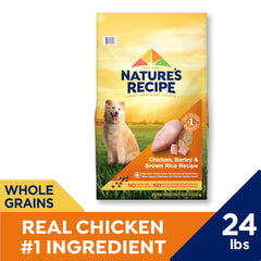 Nature's Recipe chicken-barley-brown-rice dry dog food kibble closeup showing textured pieces.