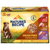 Nature’s Recipe grain free wet dog food variety pack cups displayed for daily meals