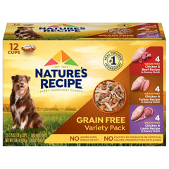Nature’s Recipe grain free wet dog food variety pack cups displayed for daily meals