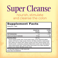 Nature's Secret Super Cleanse bottle back-label showing usage details and probiotic support for daily gut wellness.