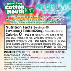 Nature’s Stance Xylitol Mints wintergreen pack back showing sugar-free breath freshening