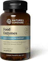 Nature's Sunshine Food Enzymes bottle and capsules aid digestion after meals.