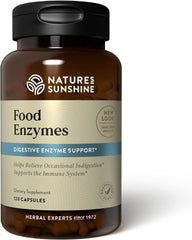 Nature's Sunshine Food Enzymes bottle and capsules aid digestion after meals.