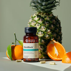 Nature's Sunshine HistaBlock bromelain enzyme close-up emphasizing mucous support.