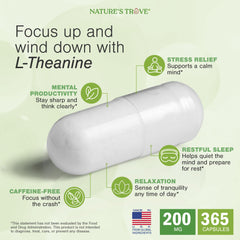 Nature's Trove L-Theanine capsules closeup reveal smooth, uniform tablets.