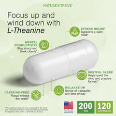 Nature's Trove L-Theanine 200mg ingredients panel highlighting natural origin.