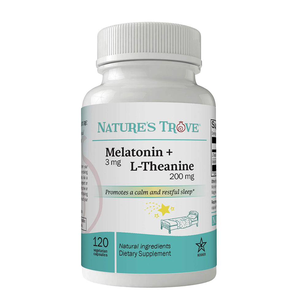 Nature's Trove Melatonin + L-Theanine bottle promotes calm and restful sleep.