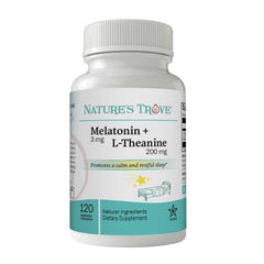 Nature's Trove Melatonin + L-Theanine bottle promotes calm and restful sleep.