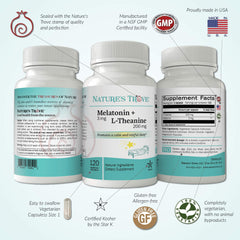 Nature's Trove Melatonin + L-Theanine bottle shown in a GMP-certified facility supporting consistent quality.