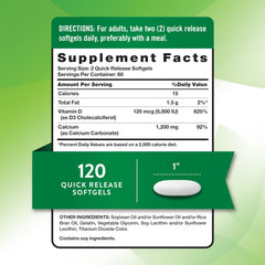 Nature's Truth absorbable calcium 1200 mg with D3 5000 IU label closeup showing key benefits