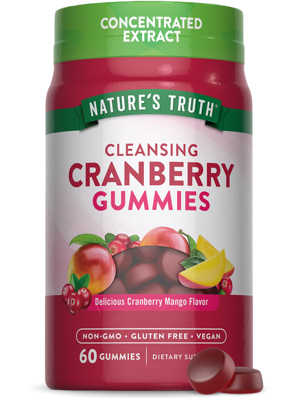 Nature's Truth Cranberry Gummies bottle with mango flavor for vegan, gluten-free supplement.