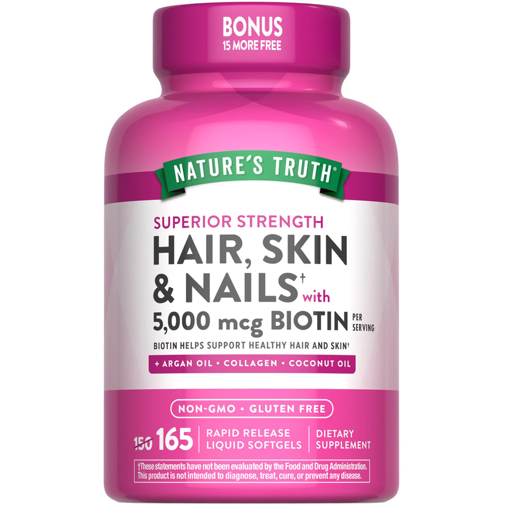 Nature's Truth Hair Skin Nails bottle label showing 5,000 mcg biotin per serving.