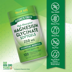 Nature's Truth Magnesium Glycinate label highlights non-GMO and gluten-free status.