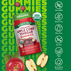Nature's Truth organic ACV gummies ingredients label showing organic and non-GMO quality