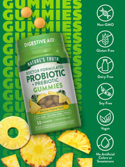Nature's Truth probiotic gummies label closeup highlights vegan and non-GMO claims.