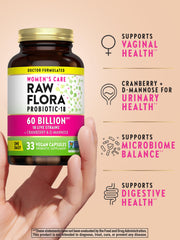 Raw Flora vegan probiotic capsules shown for easy daily use.