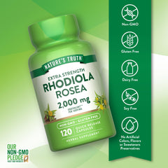 Gluten-free and non-GMO Rhodiola Rosea label on packaging