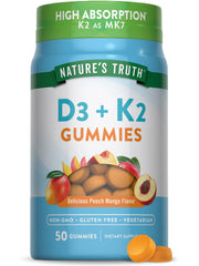Nature's Truth vitamin D3 and K2 gummies peach mango bottle for a tasty vegetarian option