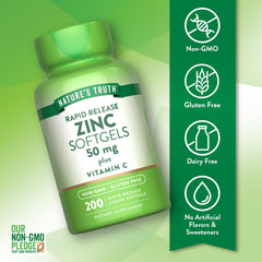 Nature's Truth zinc 50mg softgels label close-up shows zinc and vitamin C