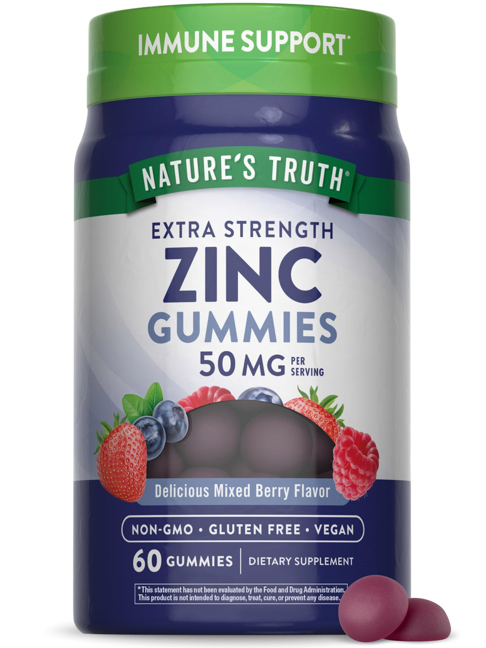 Nature's Truth Zinc Gummies berry bottle front supports daily, vegan wellness.