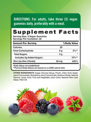 Nature's Truth Zinc Gummies berry label closeup highlights vegan, non-GMO formula.