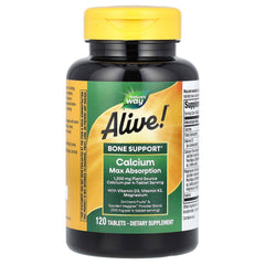 Nature’s Way Alive! Calcium ingredients list graphic emphasizing plant-sourced Aquamin calcium.