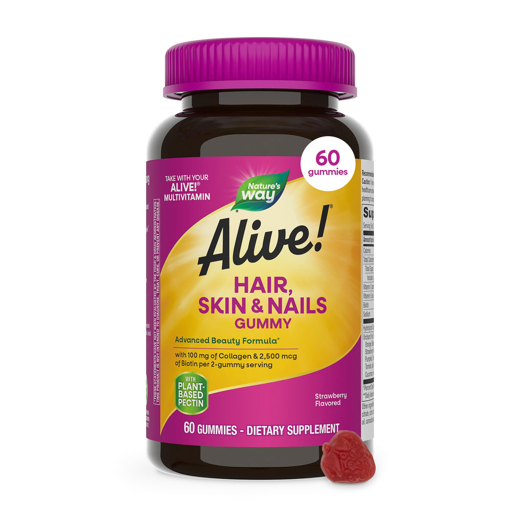 Nature's Way Alive! gummies bottle and label showcasing collagen biotin for daily beauty support.