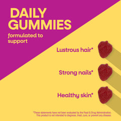 Strawberry flavor visuals on Nature's Way Alive! hair care gummies for a tasty daily routine.