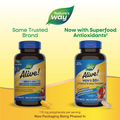 Nature's Way Alive! Men’s 50+ label closeup highlights high potency vitamins and minerals.