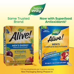 Nature's Way Alive! Men's multivitamin bottle emphasizing gluten-free formulation with 19 essential vitamins.