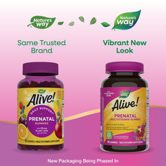 Nature's Way Alive Prenatal Gummy close-up showing orange raspberry lemonade flavor