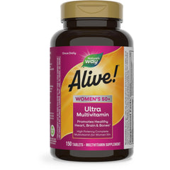 Nature's Way Alive Women 50+ tablets bottle shown for daily energy and wellness.