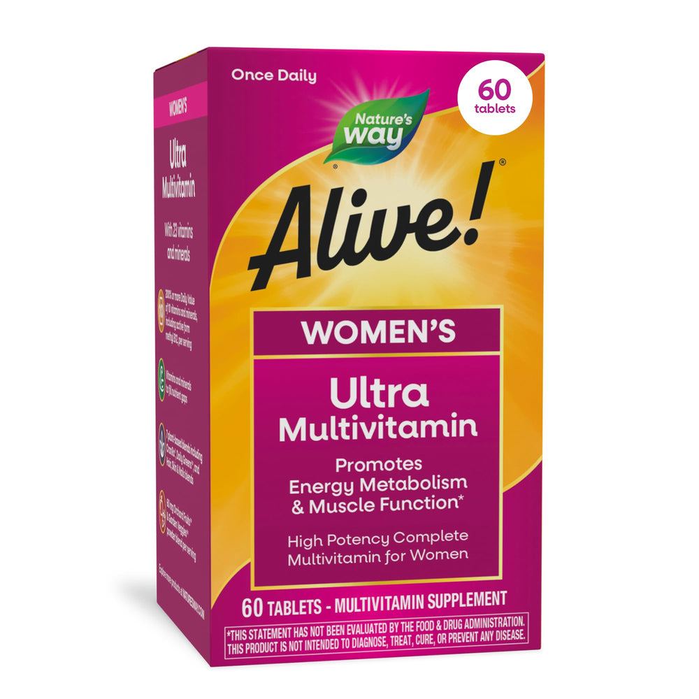 Nature's Way Alive! Women bottle close-up showing daily vitality in view.