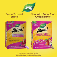 Nature's Way Alive! 50+ bottle closeup shows tablet texture for daily use