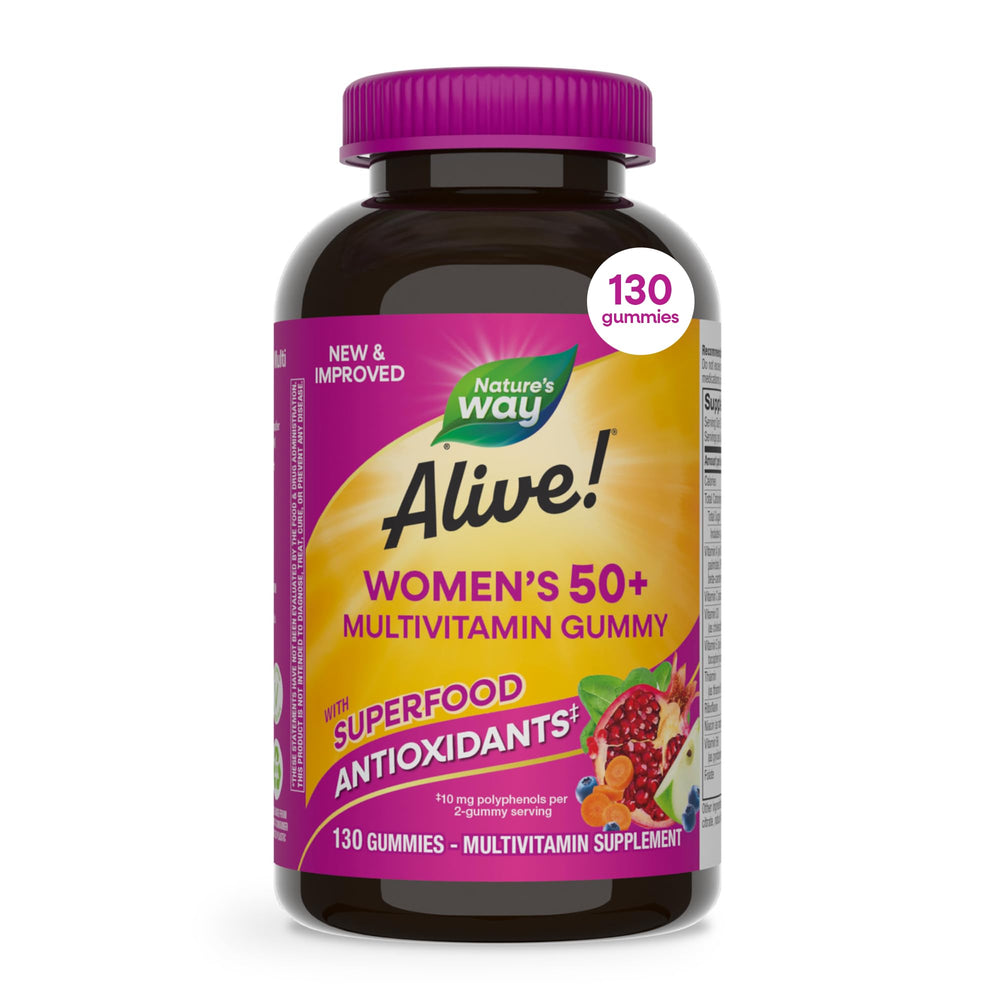 Nature’s Way Alive 50+ gummy bottle for daily wellness and convenient supplementation.
