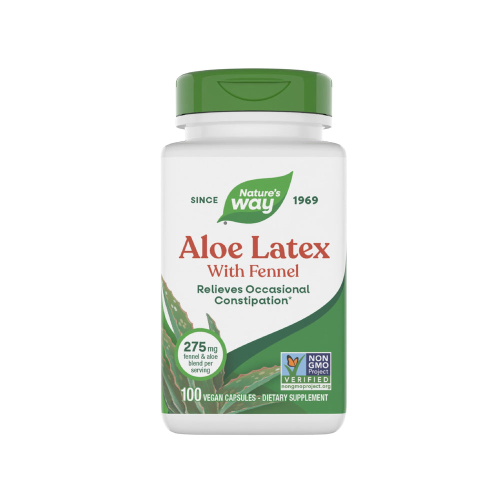 Nature's Way Aloe Latex with Fennel capsules bottle view: vegan and gluten-free formula.