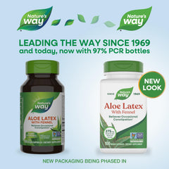 Nature's Way Aloe Latex with Fennel capsules being poured, convenient daily use.