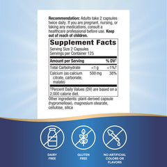 Close-up of Nature's Way capsules with two-capsule 500 mg calcium content