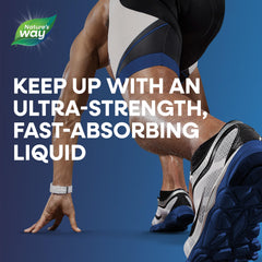 Nature's Way Glucosamine Liquid pouring into a glass for mix with water or juice.