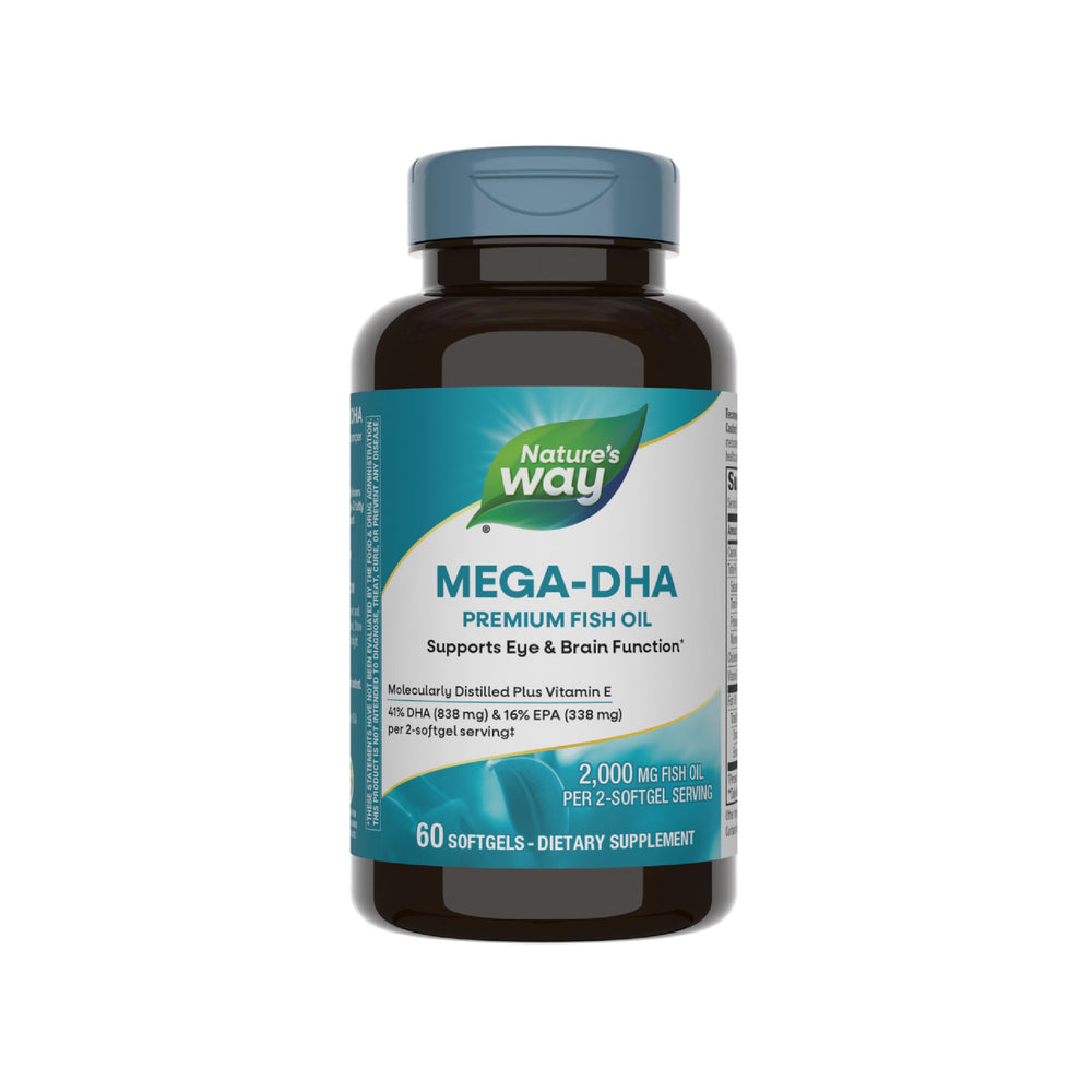 Nature's Way Mega-DHA bottle front highlights 2000 mg omega-3 per serving for daily support.