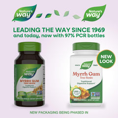 Closeup of Nature's Way Myrrh Gum Tree Resin capsules, highlighting vegan capsules for convenient daily use.