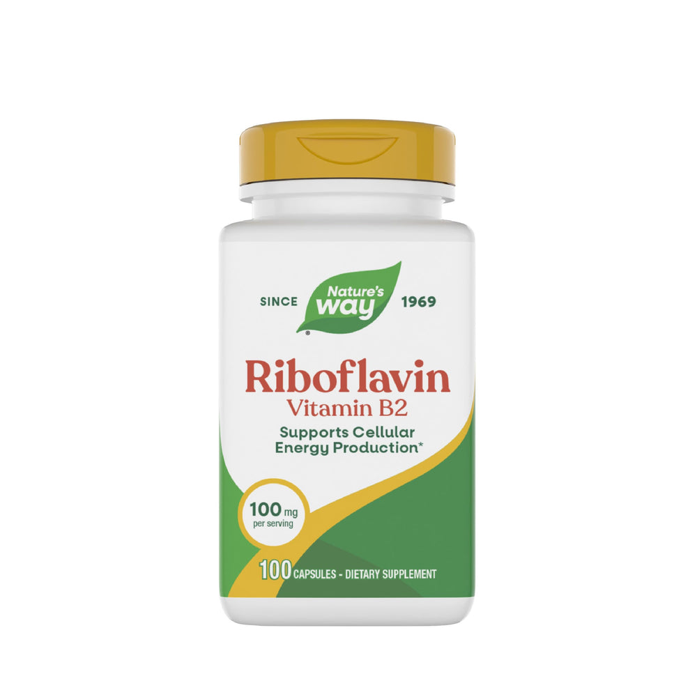 Nature's Way Riboflavin bottle shows high potency vitamin B2 for daily energy.