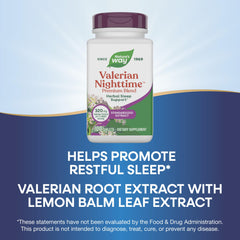 Nature's Way Valerian Nighttime label highlights valerian and lemon balm ingredients.