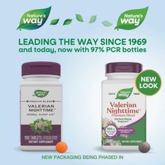 Nature's Way Valerian Nighttime tablets close-up supports calm evenings and sleep preparation.
