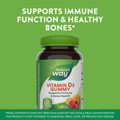 Nature's Way Vitamin D3 Gummies bottle label highlights calcium support for bones