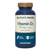Nature's Wonder Vitamin D3 softgel bottle shows 360-count pack to support bone health