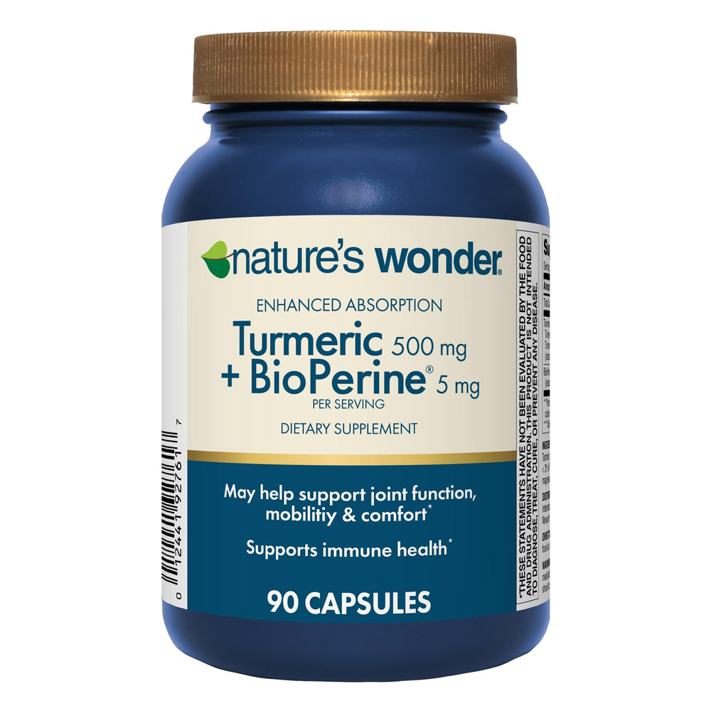 Nature's Wonder Turmeric bottle front signals a daily wellness supplement for active lifestyles.