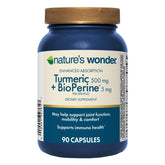 Nature's Wonder Turmeric bottle front signals a daily wellness supplement for active lifestyles.