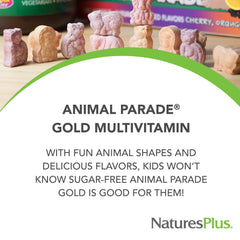 NaturesPlus Animal Parade Gold animal-shaped tablets close-up for kids' daily nutrition.