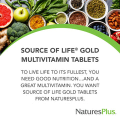 NaturesPlus Source of Life Gold bottle label close-up with D3 and B vitamins.